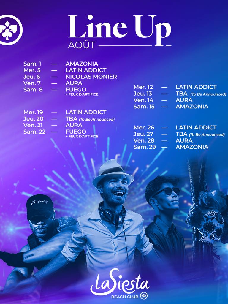 La Siesta Beach Club line up août 2026 La Siesta Beach Club line up août 2026