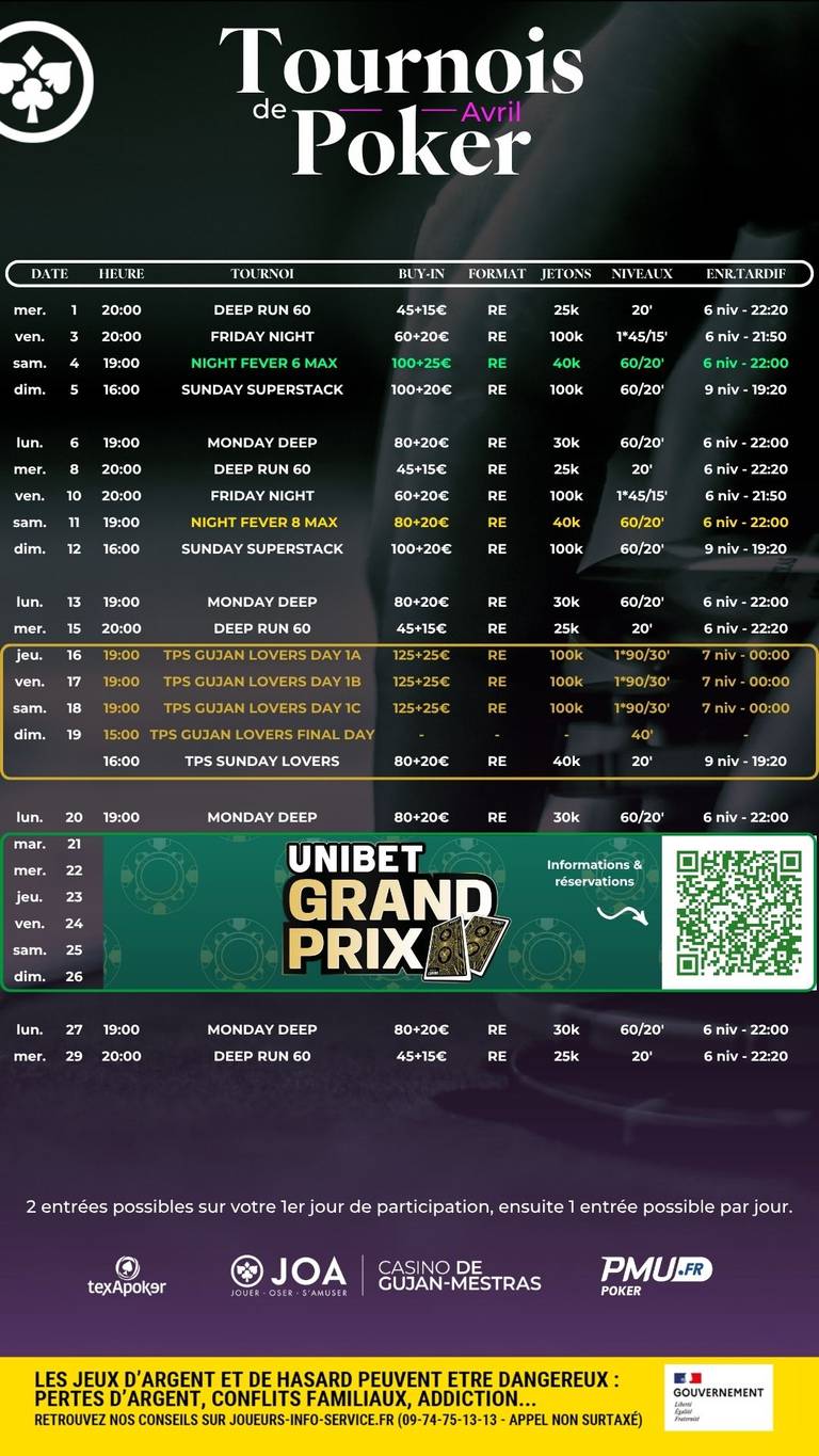 Programme poker AVRIL 2026 Gujan